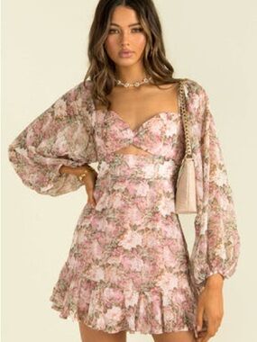 Sundae Muse Pink Floral Cutout Mini Dress with Balloon Sleeves
